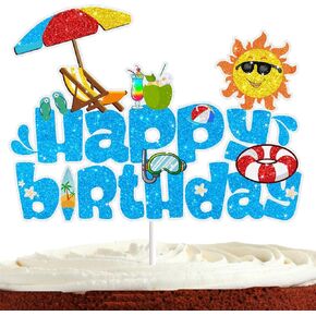 Pool Party Cake Topper for Kids Adult Birthday Swim Summer Party Supplies Surf Sun Hawaii Luau Beach Pool Theme Party Decoration Glitter Blue Pool Cake Decorations