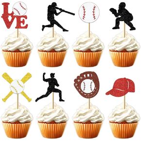 24 PCS Glitter Baseball Cupcake Toppers - Doy Birth First Cake Decorations for Baby Shower Party Supplies