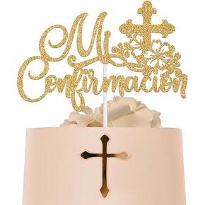 Mi Confirmacion Cake Topper, Mi Primera Comunion, First Holy Communion, Bridal Shower/Wedding/Baptism/Christening Baby Shower Party Decorations, Gold Glitter