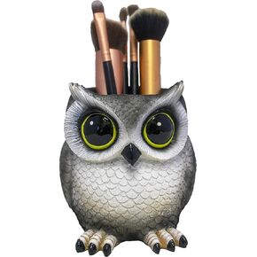 DWK Gray Owl Makeup Brush Holder Organizer Caddy | منتجات الحمام المصنوعة يدويًا ومنظم المكياج لـ Vanity | هدايا مزرعة البوم ديكور تماثيل لطيفة للديكور المنزلي - 4 "
