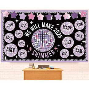 New Year Bulletin Board Decoration Set 2025 Classroom Happy New Year Disco Ball Name Tags Star Paper Cutouts for Holiday Celebration School Winter Chalkboard Blackboard Office Home Wall Decor Supplies