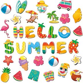 Estune 72 Pcs Hello Summer Bulletin Board Set Summertime Decoration Set Hawaiian Beach Watermelon DIY Cardstock Paper Cutout Holiday Borders Bulletin Teacher Supplies for Classroom Home