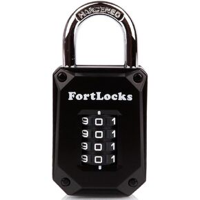 FortLocks Gym Locker Lock - 4 Digit, Heavy Duty, Hardened Stainless Steel, Weatherproof and Outdoor Combination Padlock - Easy to Read Numbers - Resettable and Cut Proof Combo Code - 1 Pack Black