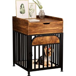 Dog Crate Furniture for Small Dogs, Chew-Proof Steel-Tube Dog Cage, Indoor Pet Crate End Table with Pet Mat, Decorative Dog Kennel with Drawer