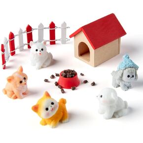 9 PCS Dollhouse Miniature Animal Associory Set ، 1: 12 Scale Dollhouse Furniture Miniature Dog Pet Set ، منزل كلب خشبي ، وعاء الكلب ، طعام الكلب الصغير ، 5 جراء لطيف وسياج صغير ، لمحبي الدمية