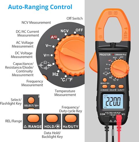 Proster Digital Clamp Meter TRMS 6000counts، 800A DC AC الحالي AC / DC الجهد NCV استمرارية السعة المقاومة تردد الصمام الثنائي هرتز اختبار، مع 1 زوج يؤدي اختبار 1 زوج مقاطع التمساح in Kuwait