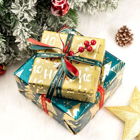 MAYPLUSS Christmas Wrapping Paper Roll - Mini Roll - 17 inch X 120 inch Per roll - 3 Different Green Design with Glitter Metallic Foil Shine (42.3 sq.ft.ttl) in Saudi Arabia
