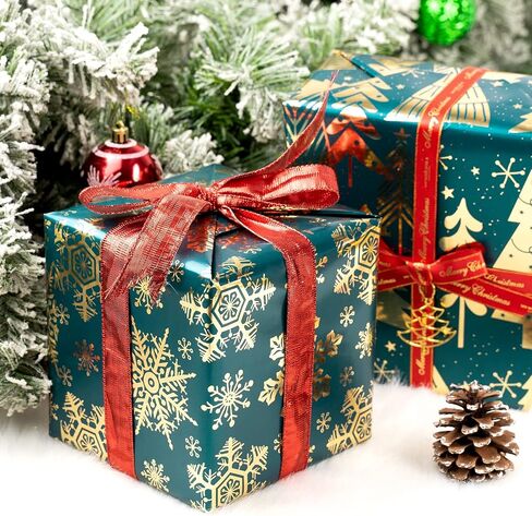MAYPLUSS Christmas Wrapping Paper Roll - Mini Roll - 17 inch X 120 inch Per roll - 3 Different Green Design with Glitter Metallic Foil Shine (42.3 sq.ft.ttl) in Saudi Arabia