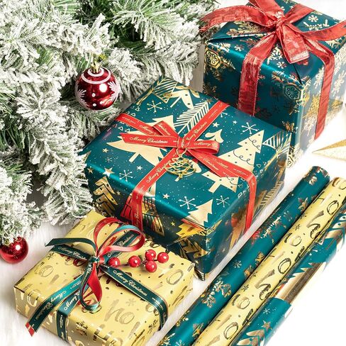 MAYPLUSS Christmas Wrapping Paper Roll - Mini Roll - 17 inch X 120 inch Per roll - 3 Different Green Design with Glitter Metallic Foil Shine (42.3 sq.ft.ttl) in Saudi Arabia