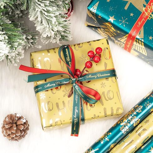 MAYPLUSS Christmas Wrapping Paper Roll - Mini Roll - 17 inch X 120 inch Per roll - 3 Different Green Design with Glitter Metallic Foil Shine (42.3 sq.ft.ttl) in Saudi Arabia