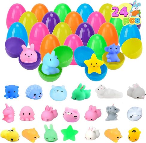24 PCS Easter Eggs Filled with Squishy Toys, Easter Basket Stuffers for Toddler Boys Girls, Plastic Easter Eggs Filler Kawaii Stuff Squishy Easter Gifts for Kids, Easter Egg Hunt Party Favor in Kuwait