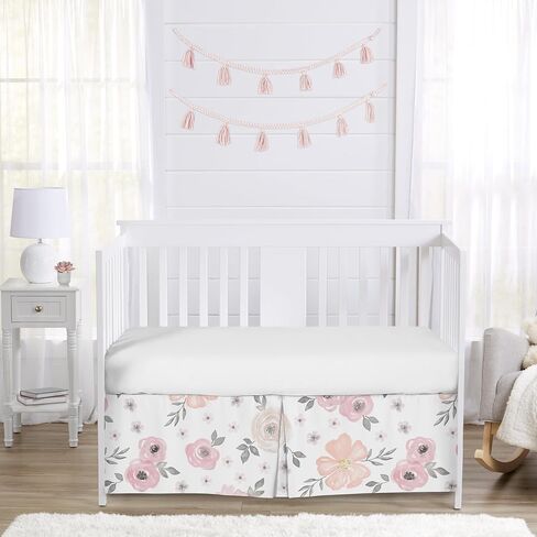 Sweet Jojo Designs Blush Pink Boho Shabby Chic Floral Girl Baby Crib Skirt – Bed Dust Ruffle Bedskirt for Nursery Off White Ivory Bohemian Vintage Watercolor Flower Elegant Pastel Light Fringe Tassel in Kuwait