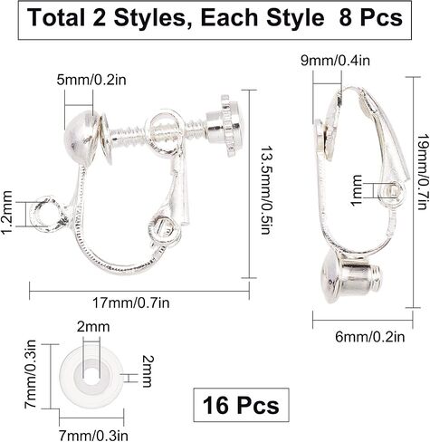 SUNNYCLUE 1 Box 16Pcs 2 Style Clip on Earrings Findings Earring Converters Silver Non Pierced Ears Brass Earring Interchangeable findings for Jewelry Making Charms DIY Earring Crafting Supplies in Kuwait