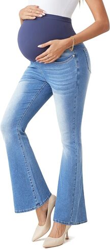 BISUAL Maternity Jeans Over The Belly Slim Stretch Flare Maternity Pants Casual Belly Bell Bottoms Maternity Work Pants in Saudi Arabia