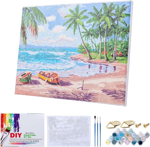 yazeziliya Framed Paint by Numbers Kit for Adults Beginner Teens，Easy Canvas Framed Landscape Ocean Nature，DIY Art Color Paint by Numbers Set,Cool Draw by Numbers for Wall Decor,12 * 16 Inch (Beach) in Saudi Arabia
