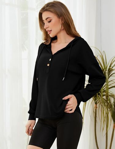 Womens Hooded Button Collar Drawstring Hoodies Pullover Sweatshirts Casual Long Sleeve Top Shirts in Kuwait