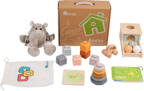 Adena Montessori Play Kit for 0-6 Month Baby,9 in 1 Learning Kit Includ Black&White Card,Rainmake Rattle,Sensory Ball,Tummy Time Wobbler,Tissue Box,Tissue,Rainbow Ball,Rainbow Drum,Suction Cup Spinner in Kuwait