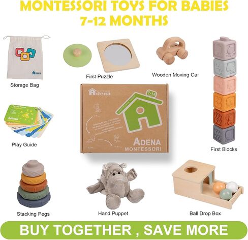 Adena Montessori Play Kit for 0-6 Month Baby,9 in 1 Learning Kit Includ Black&White Card,Rainmake Rattle,Sensory Ball,Tummy Time Wobbler,Tissue Box,Tissue,Rainbow Ball,Rainbow Drum,Suction Cup Spinner in Kuwait