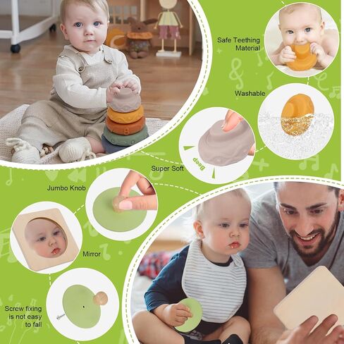 Adena Montessori Play Kit for 0-6 Month Baby,9 in 1 Learning Kit Includ Black&White Card,Rainmake Rattle,Sensory Ball,Tummy Time Wobbler,Tissue Box,Tissue,Rainbow Ball,Rainbow Drum,Suction Cup Spinner in Kuwait