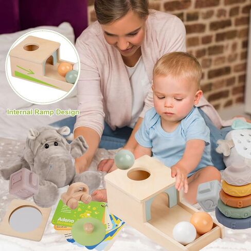 Adena Montessori Play Kit for 0-6 Month Baby,9 in 1 Learning Kit Includ Black&White Card,Rainmake Rattle,Sensory Ball,Tummy Time Wobbler,Tissue Box,Tissue,Rainbow Ball,Rainbow Drum,Suction Cup Spinner in Kuwait