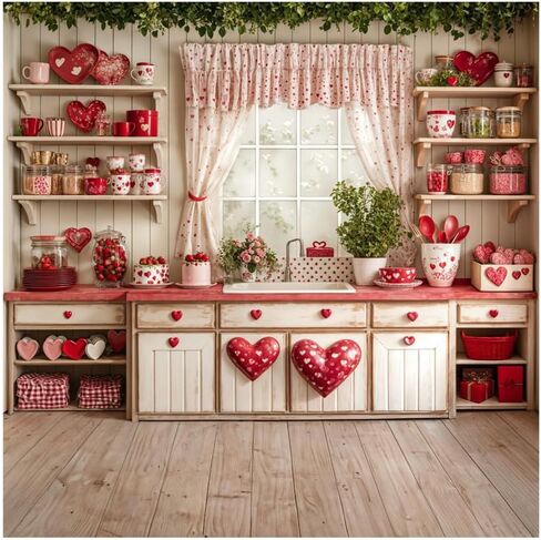 Kate 7x5ft Happy Valentine's Day Wedding Lover Photography Backdrops Kitchen White Wall Red Sweetheart Patterns Tableware Decoration Kitchen Baby Children Photo Background in Kuwait