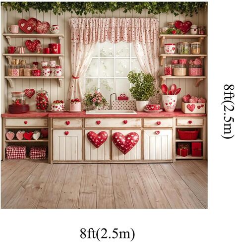 Kate 7x5ft Happy Valentine's Day Wedding Lover Photography Backdrops Kitchen White Wall Red Sweetheart Patterns Tableware Decoration Kitchen Baby Children Photo Background in Kuwait