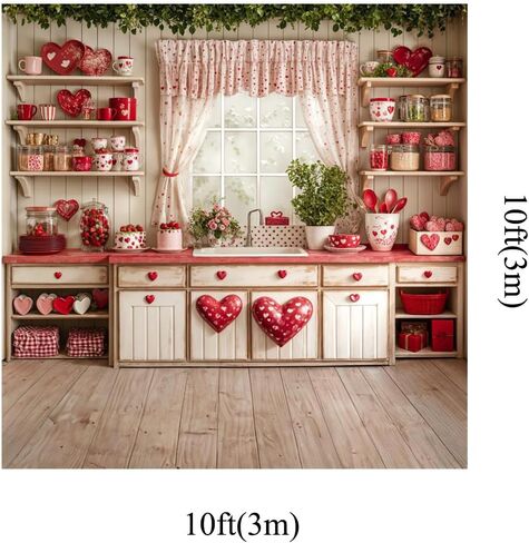 Kate 7x5ft Happy Valentine's Day Wedding Lover Photography Backdrops Kitchen White Wall Red Sweetheart Patterns Tableware Decoration Kitchen Baby Children Photo Background in Saudi Arabia