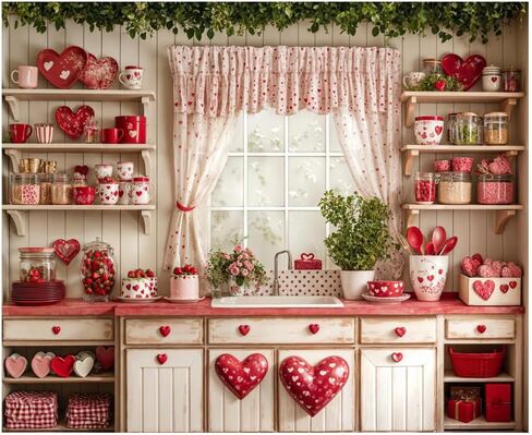 Kate 7x5ft Happy Valentine's Day Wedding Lover Photography Backdrops Kitchen White Wall Red Sweetheart Patterns Tableware Decoration Kitchen Baby Children Photo Background in Saudi Arabia