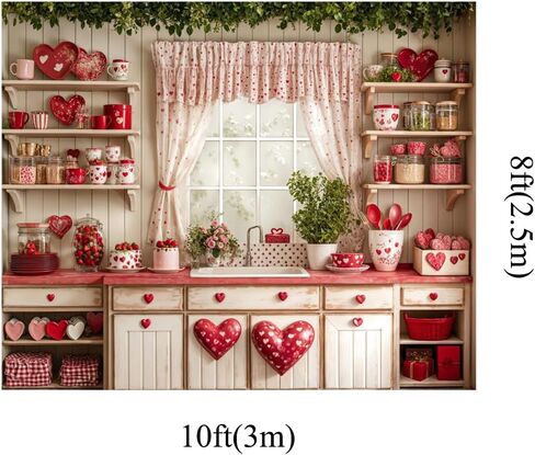 Kate 7x5ft Happy Valentine's Day Wedding Lover Photography Backdrops Kitchen White Wall Red Sweetheart Patterns Tableware Decoration Kitchen Baby Children Photo Background in Saudi Arabia