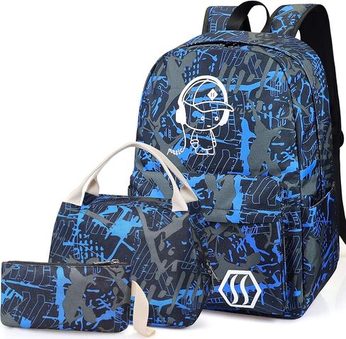 School Bag Kids 3-in-1 Bookbag Set, Junlion Music Laptop Backpack Lunch Bag Pencil Case Gift for Teen Boys Blue in Saudi Arabia