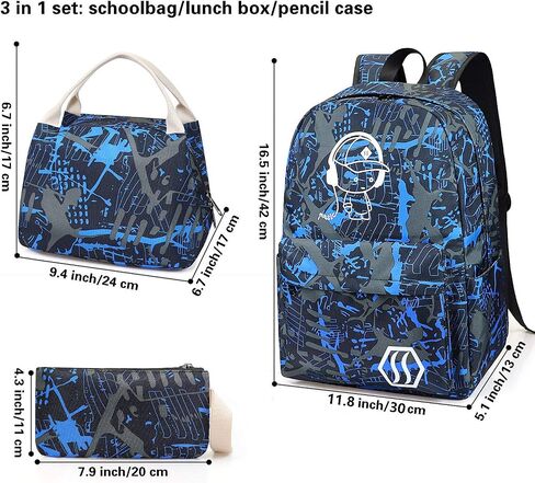 School Bag Kids 3-in-1 Bookbag Set, Junlion Music Laptop Backpack Lunch Bag Pencil Case Gift for Teen Boys Blue in Saudi Arabia