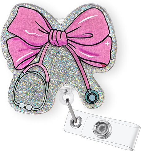 Pink Bow Stethoscope Badge Reel Retractable for Nurse Nursing RN CNA LPN & Medical Assistant | Cute Nurse Gifts Coquette Bow ID Name Badge Holder with Alligator Clip & 24" Durable Nylon Cord | Acrylic in Saudi Arabia