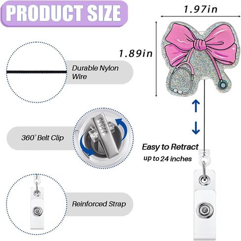 Pink Bow Stethoscope Badge Reel Retractable for Nurse Nursing RN CNA LPN & Medical Assistant | Cute Nurse Gifts Coquette Bow ID Name Badge Holder with Alligator Clip & 24" Durable Nylon Cord | Acrylic in Saudi Arabia