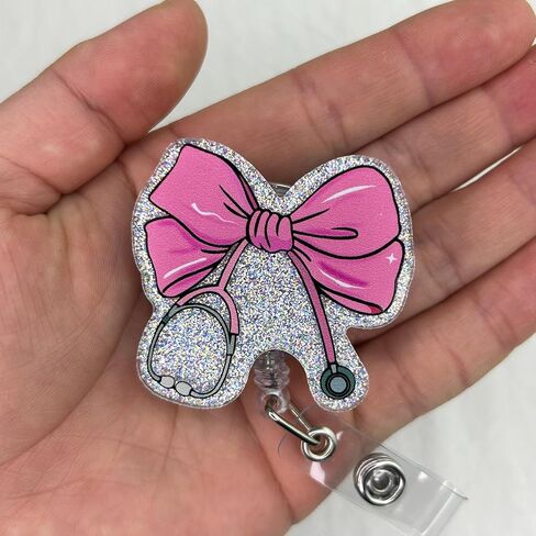 Pink Bow Stethoscope Badge Reel Retractable for Nurse Nursing RN CNA LPN & Medical Assistant | Cute Nurse Gifts Coquette Bow ID Name Badge Holder with Alligator Clip & 24" Durable Nylon Cord | Acrylic in Saudi Arabia