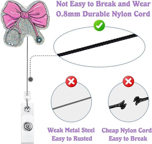 Pink Bow Stethoscope Badge Reel Retractable for Nurse Nursing RN CNA LPN & Medical Assistant | Cute Nurse Gifts Coquette Bow ID Name Badge Holder with Alligator Clip & 24" Durable Nylon Cord | Acrylic in Saudi Arabia