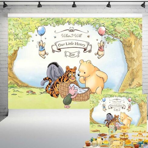 Pooh Bear Gender Reveal Backdrop Decorations Vintage Baby Shower Background Spring Hundred Acre Wood Banner for Cake Table 7x5 ft 284 in Kuwait