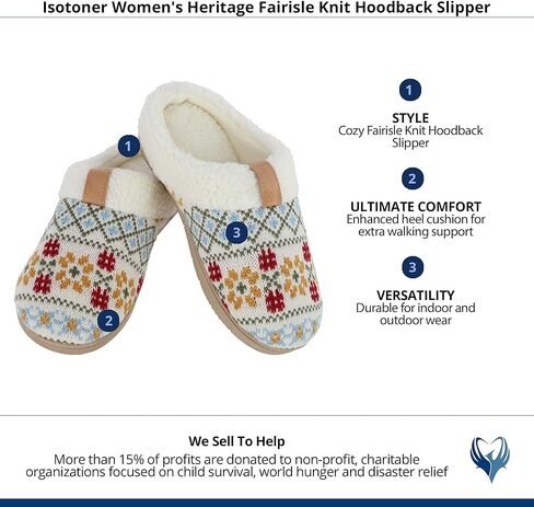 isotoner Women's Heritage Fairisle Knit Hoodback Slipper, Large (8.5-9), Black in Saudi Arabia