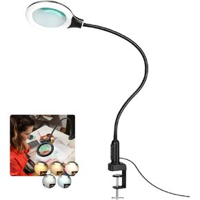 26" Gooseneck Magnifying Lamp with Clamp, 5 Color Modes Stepless Dimmable LED Desk Light with Magnifying Glass, 8X Real Glass Lighted Magnifier Hands Free for Painting Close Work Craft Hobby