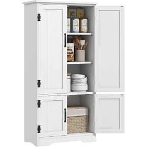 HOMCOM 48.5" Kitchen Pantry Cabinet, Compact Farmhouse Storage Cabinet Organizer with 2 Adjustable Shelves and 4 Beadboard Doors for Dining Room, White