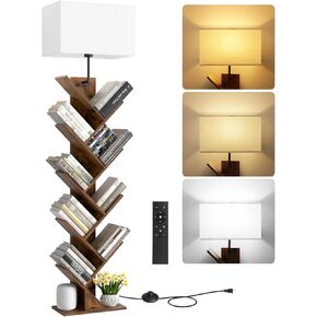 9 Tier Tree Bookshelf with Lamp, Remote & Timer, Modern Tall Floor Standing Book Shelf, Narrow Wood Bookcase, Small Book Organizer Shelves for Living Room, Bedroom, Office (Rustic Brown)