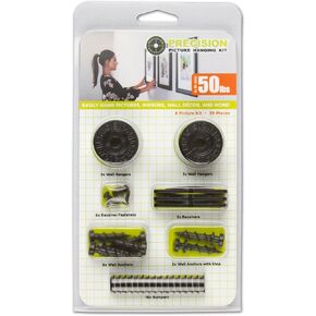 Precision Picture Hanging Kit, 8 Picture Kit, Hangs up to 8 Frames, for use with D-Ring, Sawtooth, Wire, and Keyhole Frames, Holds Up to 50 lbs., Reposition Adhesive