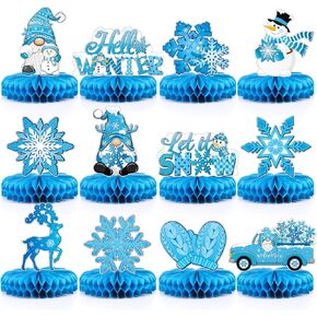 Pasimy 12 PCS Hello Winter Honeycomb Centerces Let it Snow Snow Scartions Wonderland Topers Topers Winter Christmas Decor