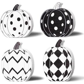 Watinc 4pcs Fall Fall Pumpkin Woodpiece Table Decors ، خريف الشكر ديكورات صينية متطورة ، مجموعة Black Pumpkin Block ، Halloween Rustic Harvest Wooden Sign for Home (Printed Double)