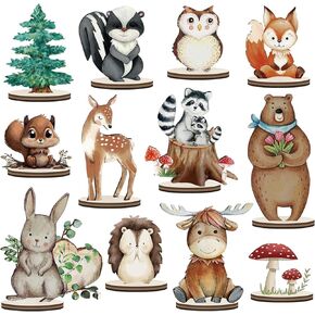 12 PCS Woodland Animals Table Centerpices Forest Cutout Shapes Dust Dust Decorations Creatures Wild Double Side Painted Topper Decorations for Birthday Camp Party Supplies