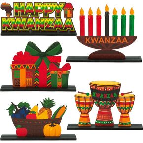 Haooryx Kawanzaa Wooden Mencedpppses - 5pcs Happy Kawanzaa Table Topper African Heritage Holiday Table Sign Tabletop Wood Sign for Kwanzaa Holiday Party Home Decorations