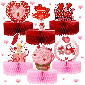 6 Pieces Valentine's Day Honeycomb Centerpieces for Valentines Wedding Party 3D Table Decor Heart Cakes Balls Paper Table Centerpiece Signs Valentines Supplies Decorations