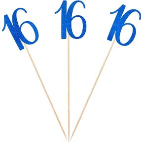 Blue Glitter 16th عيد ميلاد العصي المركزية ، 12 عبوة رقم 16 جدول زخارف حفل الذكرى السنوية