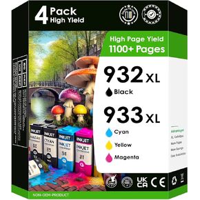 خراطيش الحبر HP 932XL 933XL. يعمل مع OfficeJet 6600 6700 7610 7612 7510 7110 6100 طابعات. 4 حزمة (أسود ، سماوي ، أرجواني وأصفر).