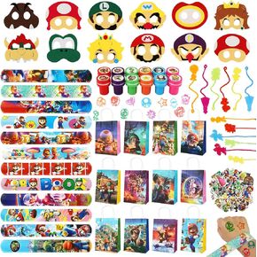 110pcs ماريو حفلة لصالح ، لوازم حفلة عيد الميلاد ، تحتوي على حقائب جيدة ، طوابع ، أيدي لزجة ، أقنعة محسوسة ، أساور صفعة وملصقات ، ماريو أفضل موضوع جيد للأكياس