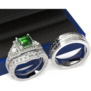 3pc Couples Wedding Ring Sets His And Hers Women Sterling Silve Moissanite and men Wedding Bands